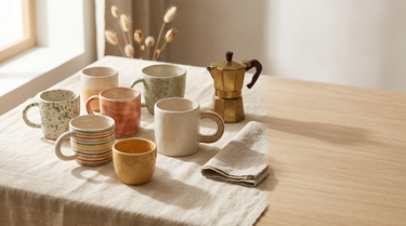 Kaffekrus i keramik med stribet og prikket glasur på hørdug i morgenlys