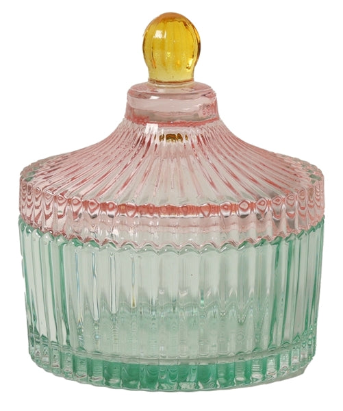Bonbonniere m/striber, lys mint/rosa, 12x ø10 cm fra EJA - dekorativ krukke til planter