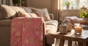 Plaid, Quilt Ethnic - pink med tigere, stillet op i et stemningsbillede til artiklen Gave til forældre: idéer der glæder mor og far