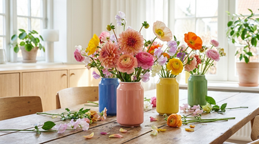 Farverige keramikvaser med friske blomster på et spisebord