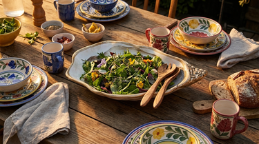 Stor salatskål i håndmalet keramik med grøn salat på et spisebord