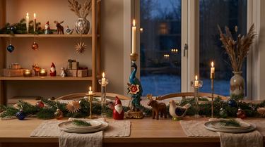 Juledekoreret hylde med keramikfigurer, lysestager og grangrene
