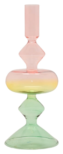 Glas lysestage, grøn/gul/pink, 23xø9 cm fra EJA